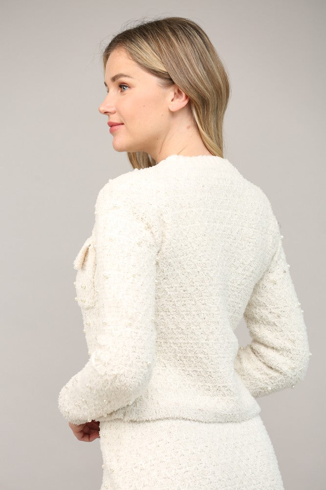 PEARL EMBELLISHED TWO FRONT POCKET SWEATER JACKET