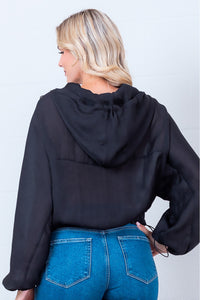 Sheer Black Hooded Drawstring Windbreaker Jacket