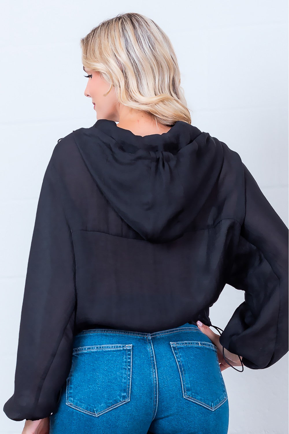Sheer Black Hooded Drawstring Windbreaker Jacket