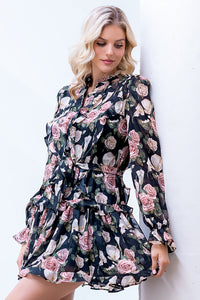 Black Floral Chiffon Ruffle Mini Dress with Long Sleeves