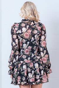 Black Floral Chiffon Ruffle Mini Dress with Long Sleeves