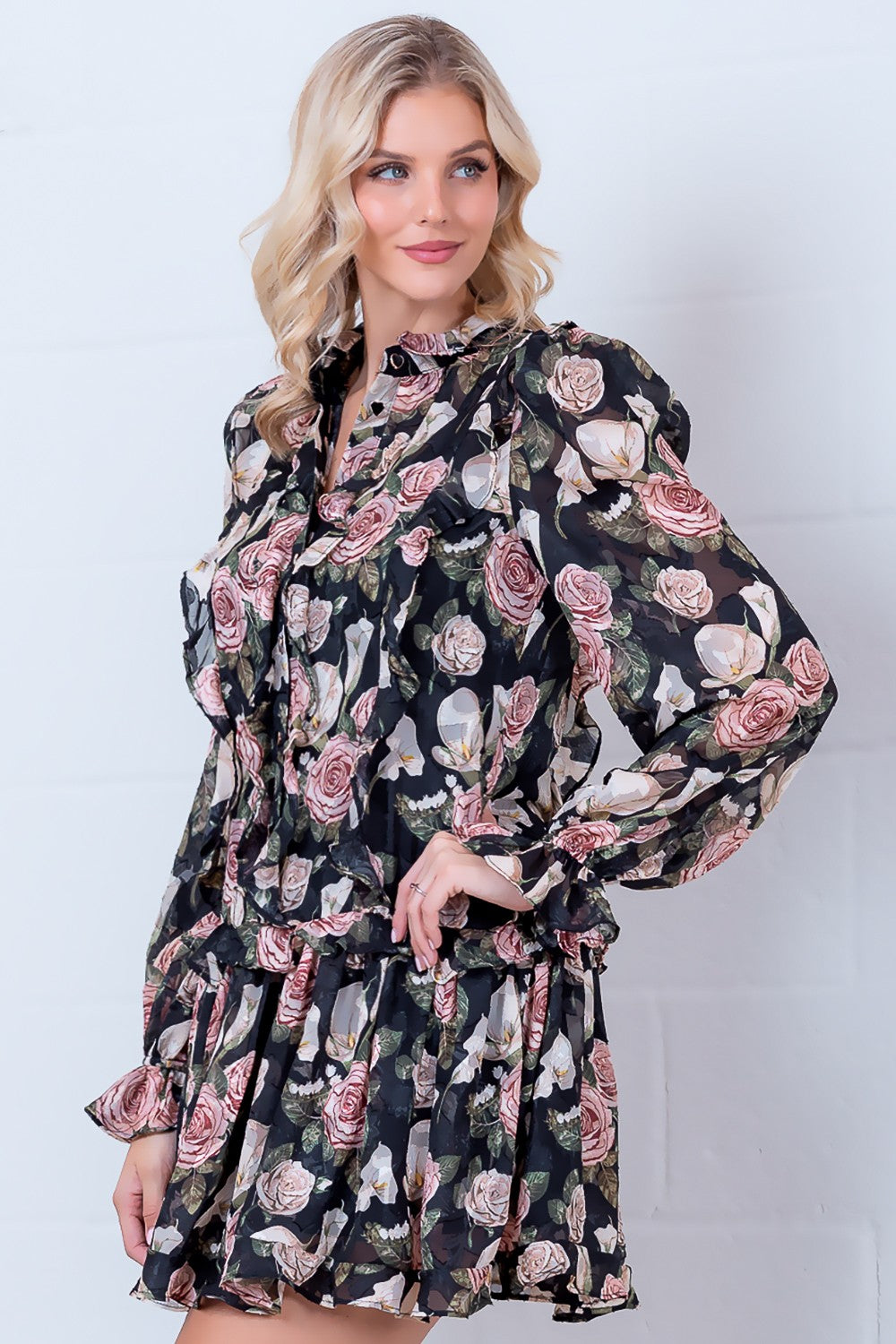 Black Floral Chiffon Ruffle Mini Dress with Long Sleeves