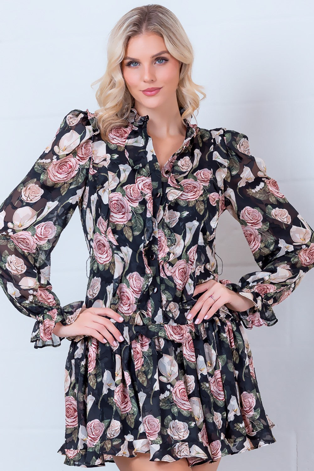 Black Floral Chiffon Ruffle Mini Dress with Long Sleeves