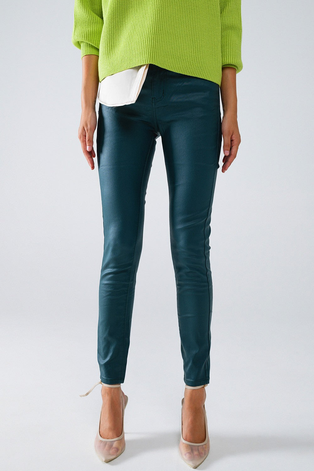 Dark Green Vegan Leather Super Skinny Pants