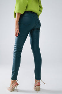 Dark Green Vegan Leather Super Skinny Pants
