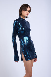 POLO NECK LONG SLEEVE SEQUINED MINI DRESS