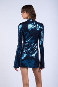 POLO NECK LONG SLEEVE SEQUINED MINI DRESS