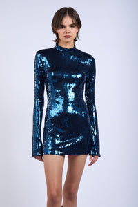 POLO NECK LONG SLEEVE SEQUINED MINI DRESS