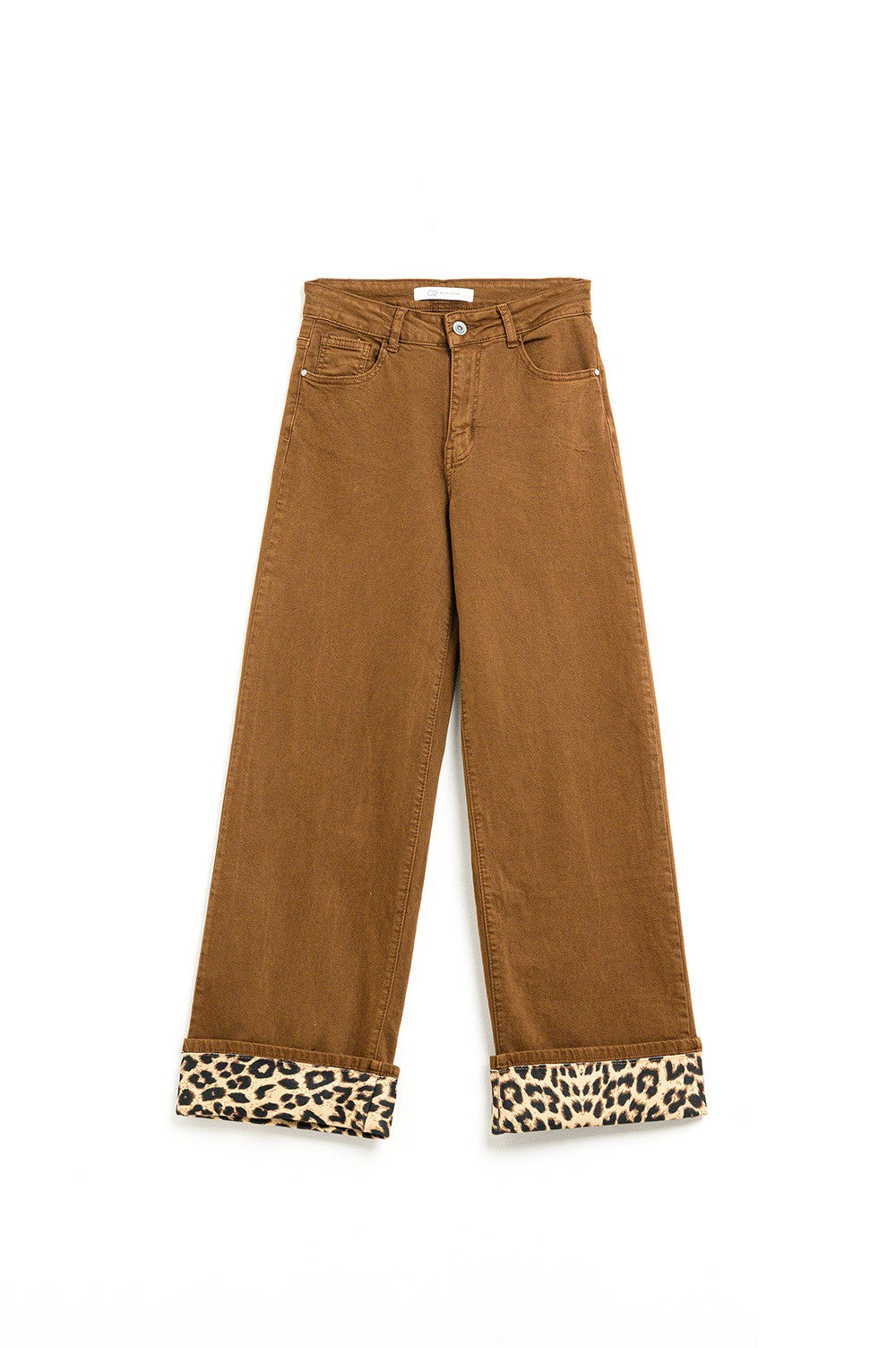 Brown Corduroy Flare Pants with Leopard Cuff Detail