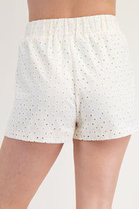 White Eyelet High-Waisted Shorts with Elastic Waistband