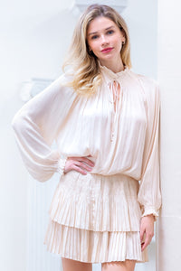 Cream Pleated Mini Dress with Smocked Waist and Blouson Sleeves