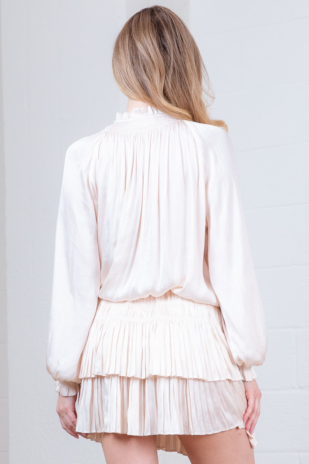 Cream Pleated Mini Dress with Smocked Waist and Blouson Sleeves