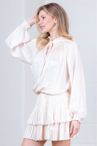 Cream Pleated Mini Dress with Smocked Waist and Blouson Sleeves