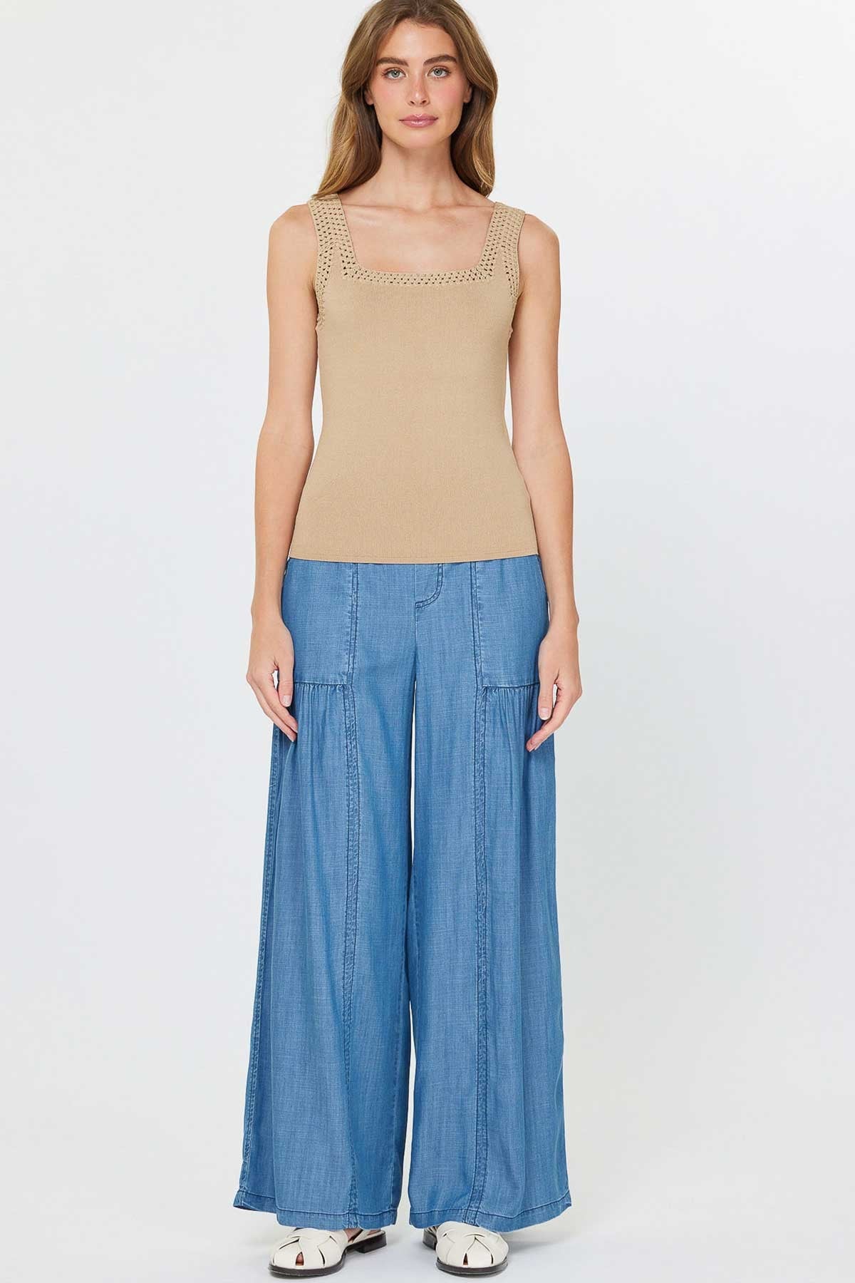 Camel Knit Tank Top with Crochet Trim