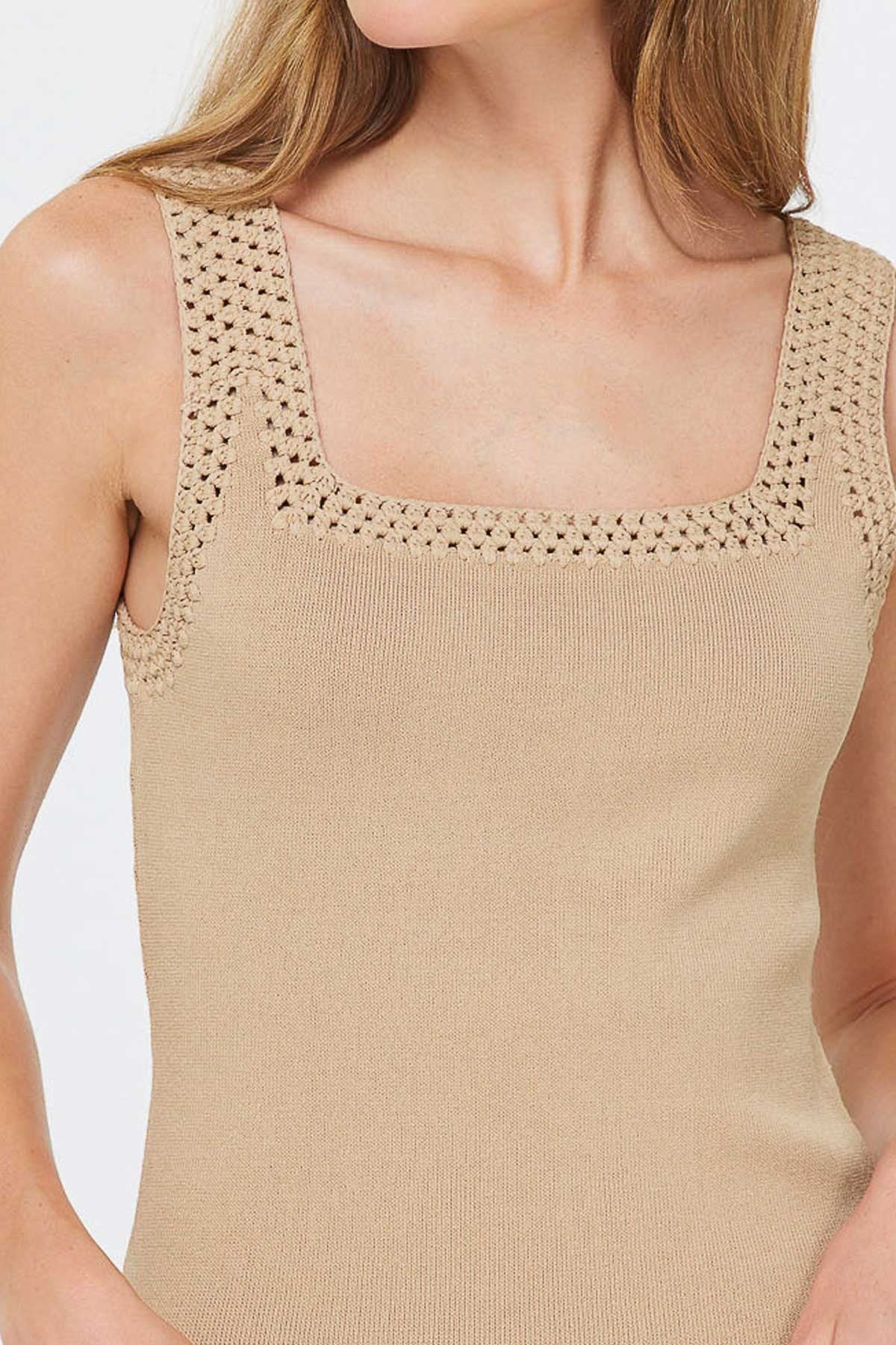 Camel Knit Tank Top with Crochet Trim
