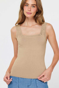 Camel Knit Tank Top with Crochet Trim