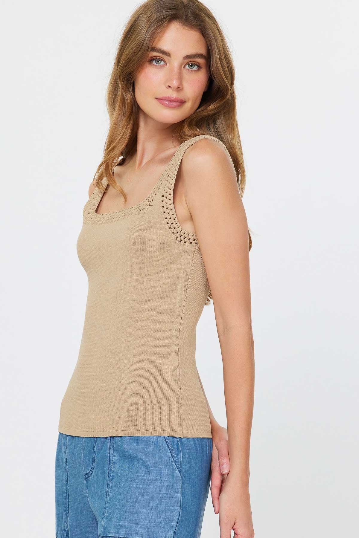 Camel Knit Tank Top with Crochet Trim
