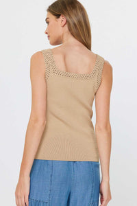 Camel Knit Tank Top with Crochet Trim