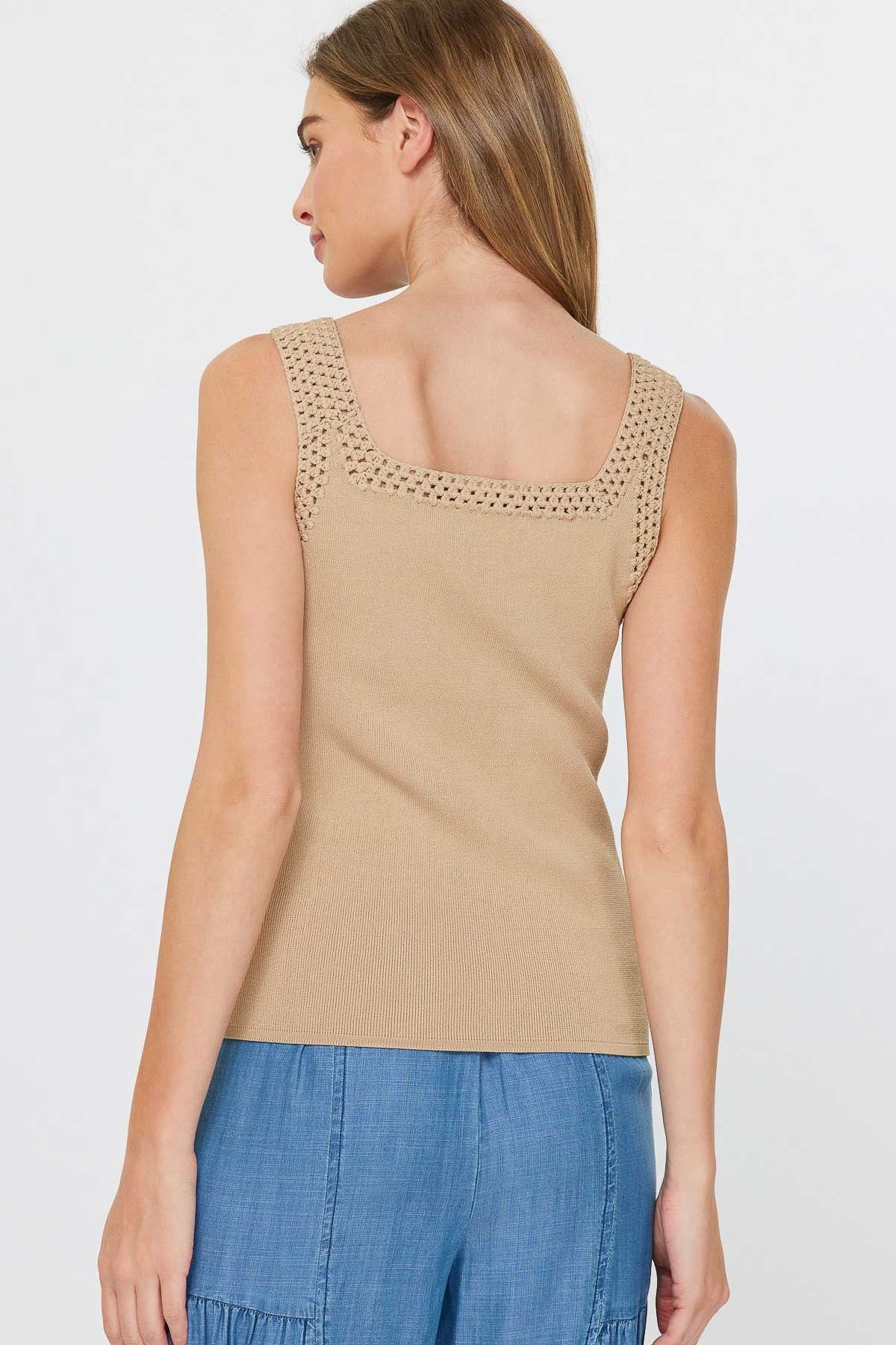 Camel Knit Tank Top with Crochet Trim