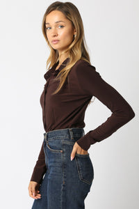 Long Sleeve Button-Up Bodysuit in Chocolate Brown