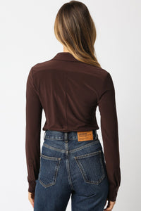 Long Sleeve Button-Up Bodysuit in Chocolate Brown