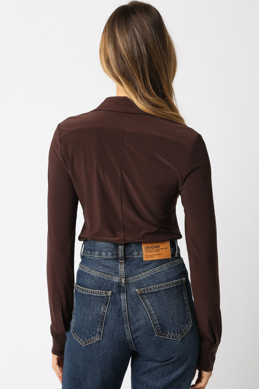Long Sleeve Button-Up Bodysuit in Chocolate Brown