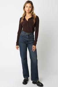 Long Sleeve Button-Up Bodysuit in Chocolate Brown