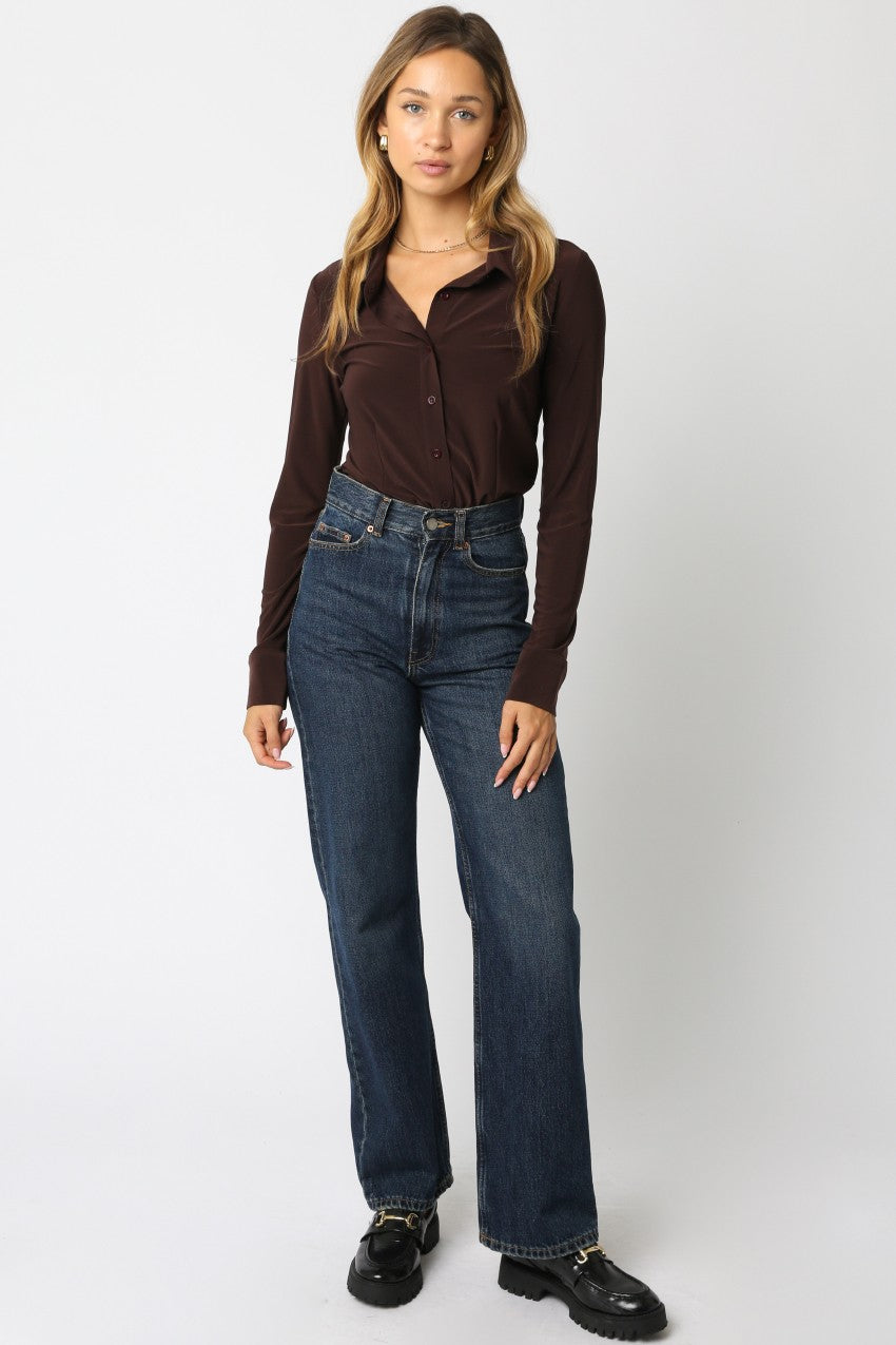 Long Sleeve Button-Up Bodysuit in Chocolate Brown