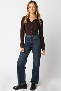 Long Sleeve Button-Up Bodysuit in Chocolate Brown