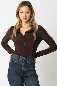 Long Sleeve Button-Up Bodysuit in Chocolate Brown