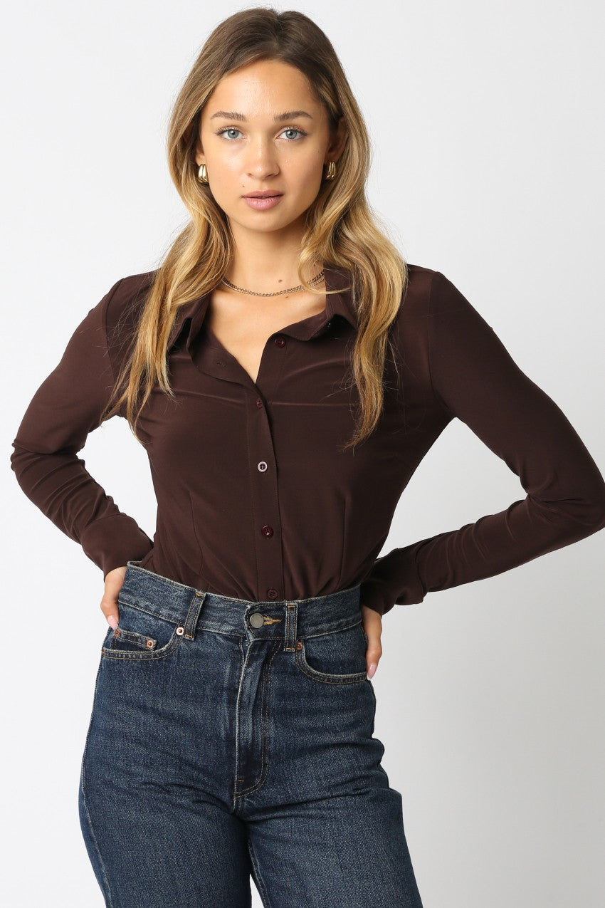 Long Sleeve Button-Up Bodysuit in Chocolate Brown