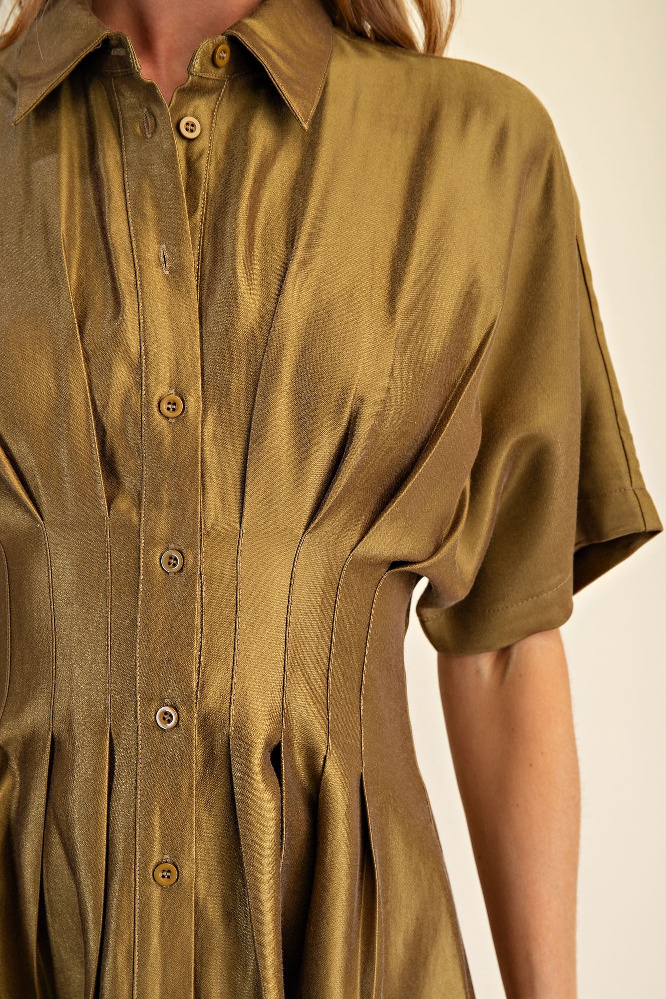 Satin Button-Up Fit & Flare Shirt Dress - Olive