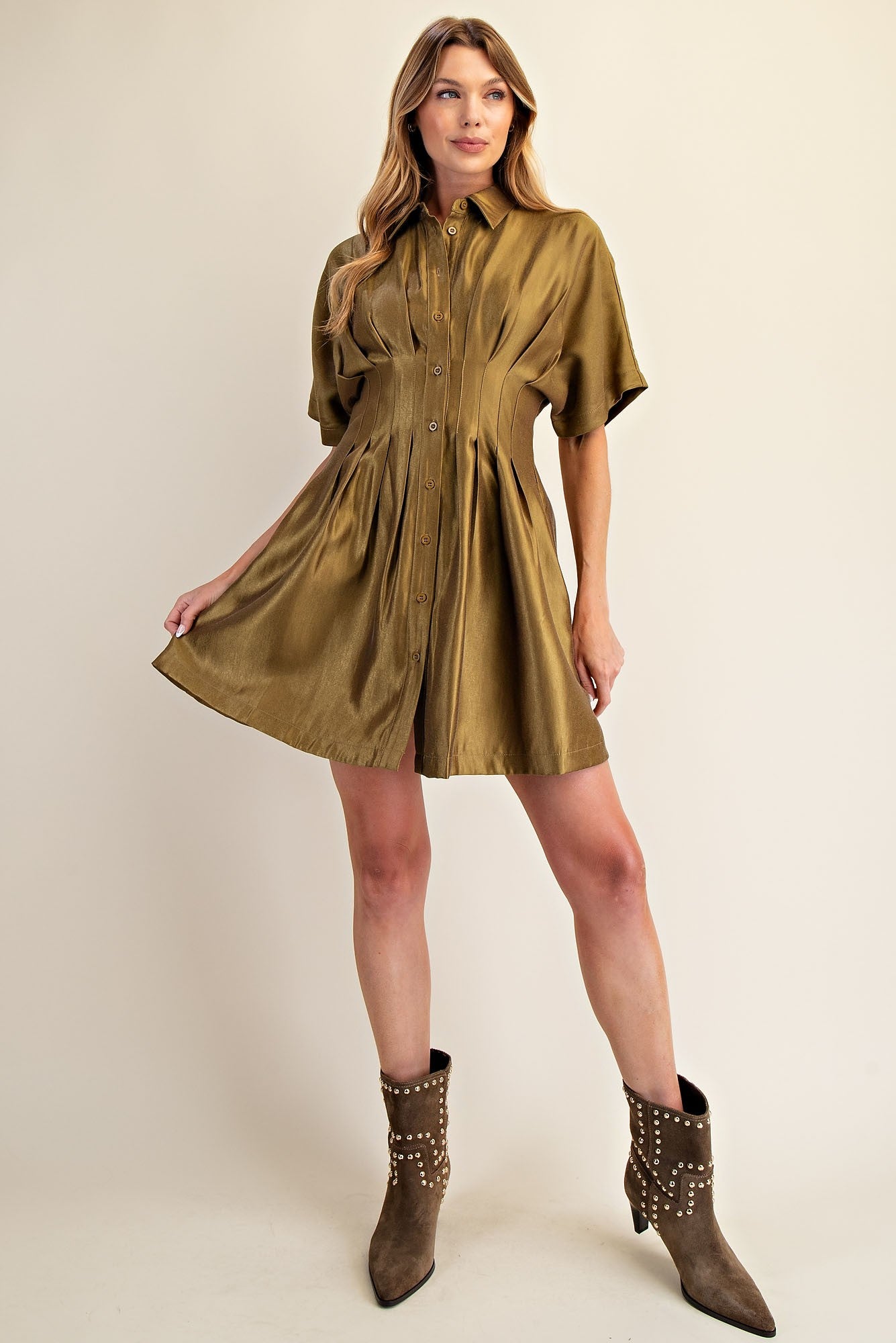 Satin Button-Up Fit & Flare Shirt Dress - Olive