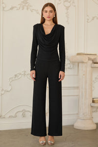 Black Metallic Draped Cowl Neck Top