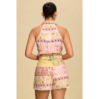 Patchwork Print Halter Belted Romper with Pearl Trim