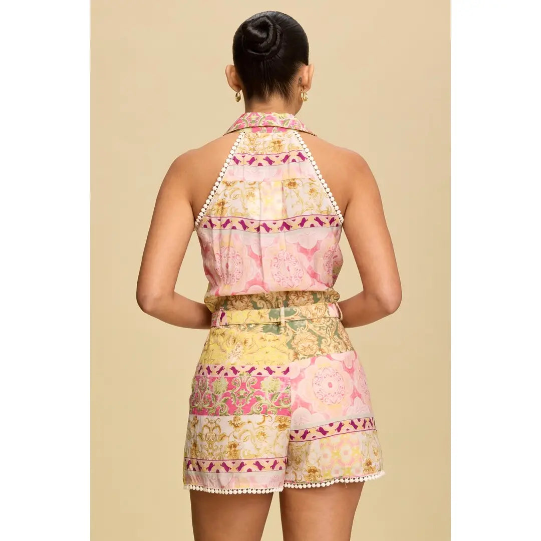 Patchwork Print Halter Belted Romper with Pearl Trim