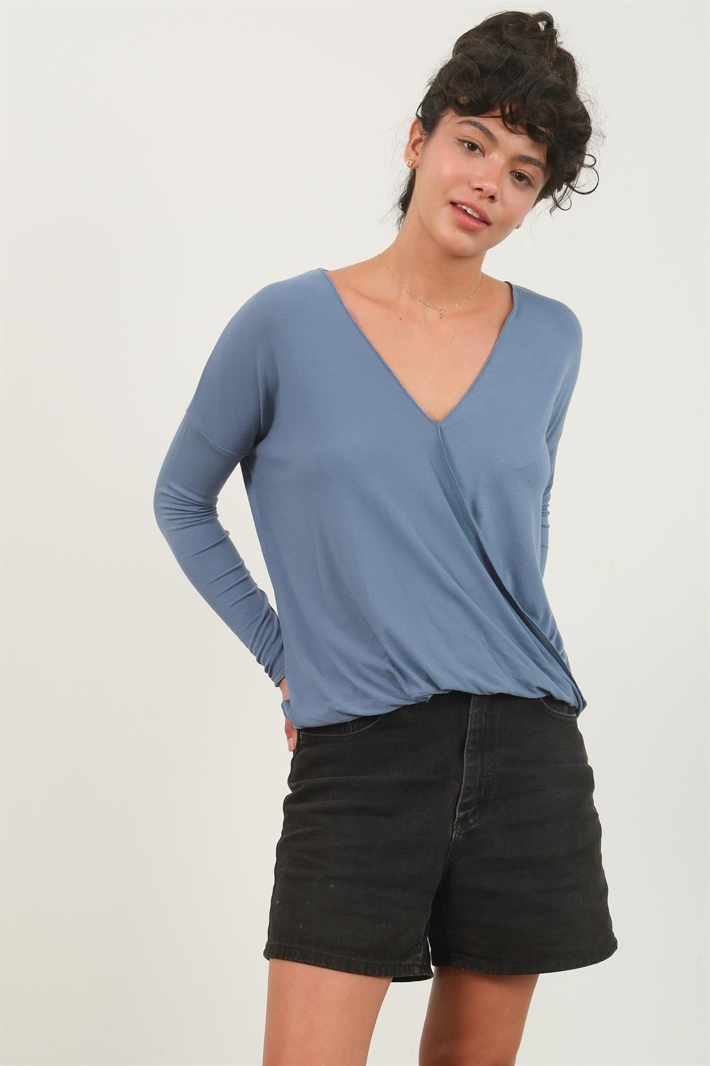 DRAPED LONG SLEEVE SURPLICE TOP BLUE