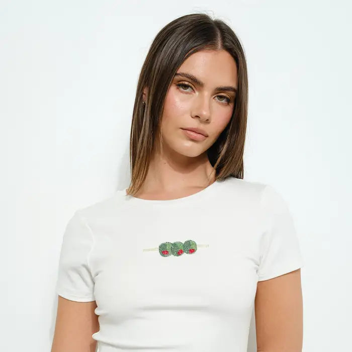 White Fitted Crop Tee with Beaded Olive Skewer Embellishment