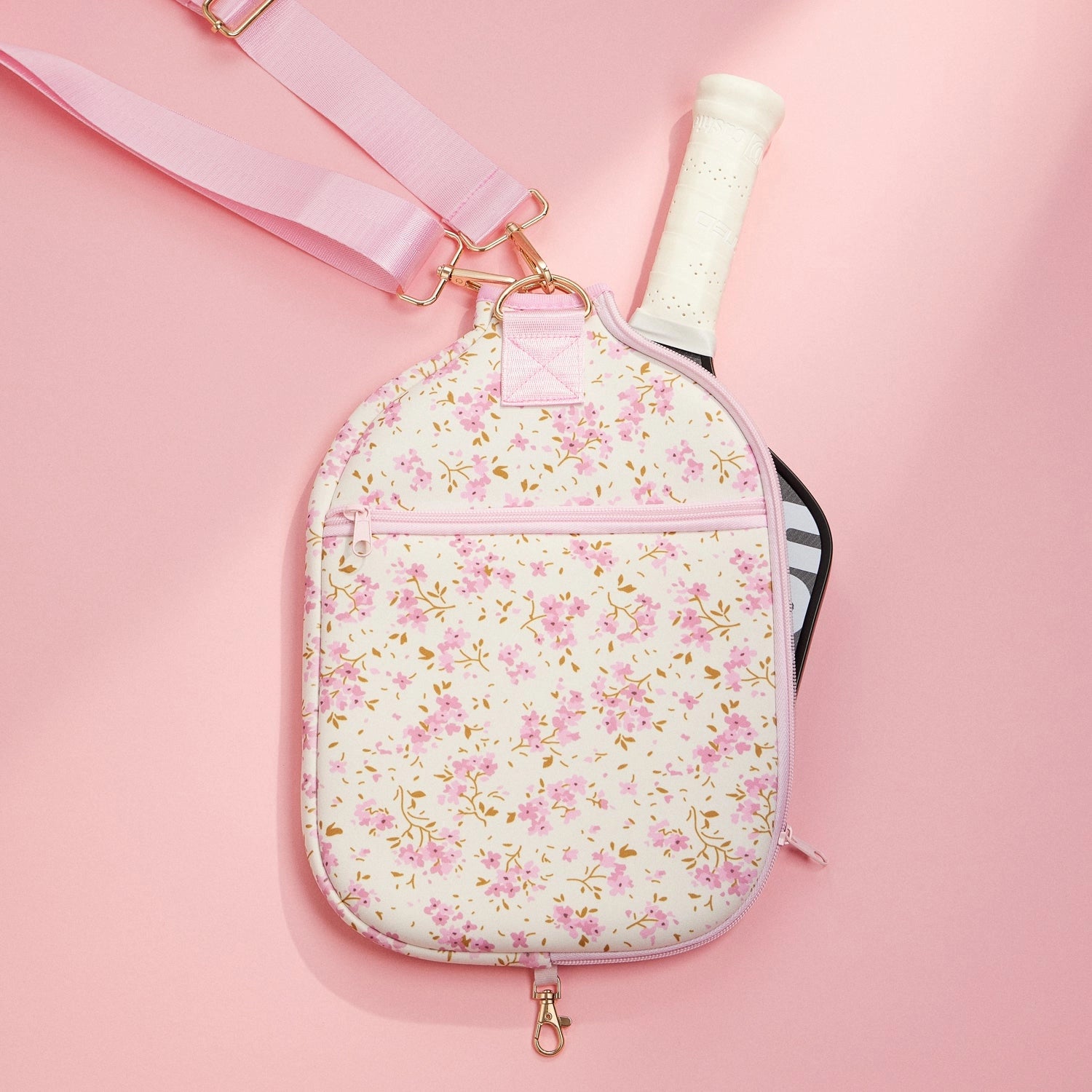 Pink Floral Tennis Racket Bag with Adjustable Strap