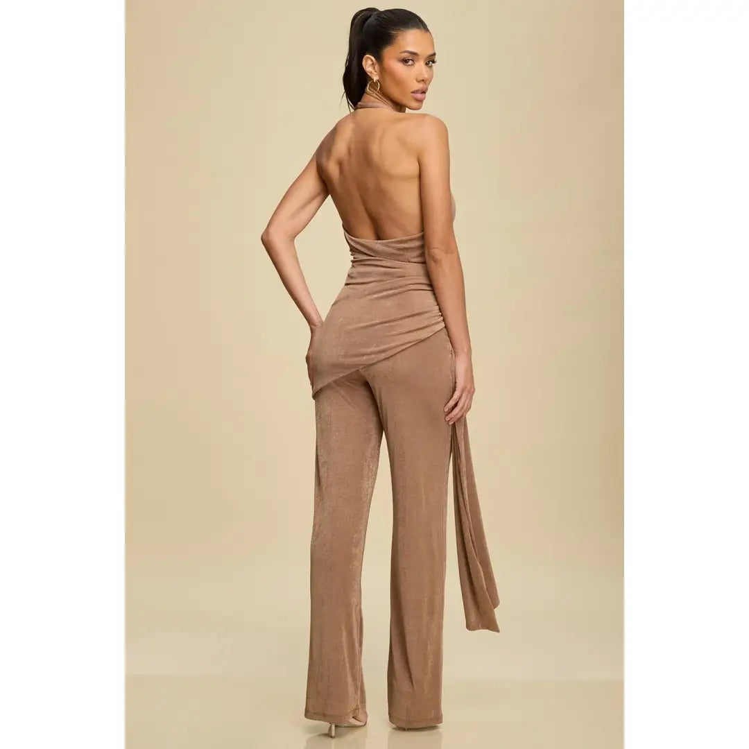 Champagne Mocha Halter Jumpsuit with Draped Detail