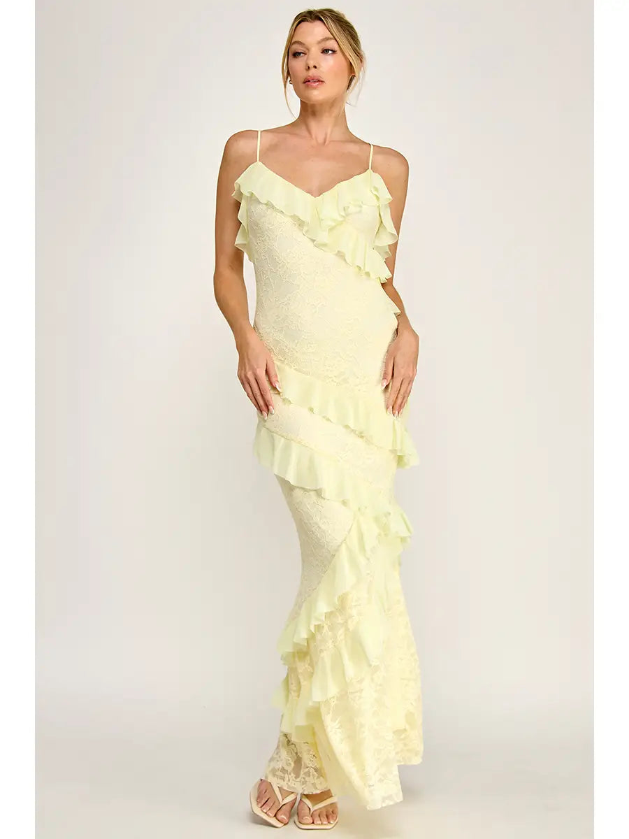 Light Yellow Lace Ruffle Strap Maxi Dress