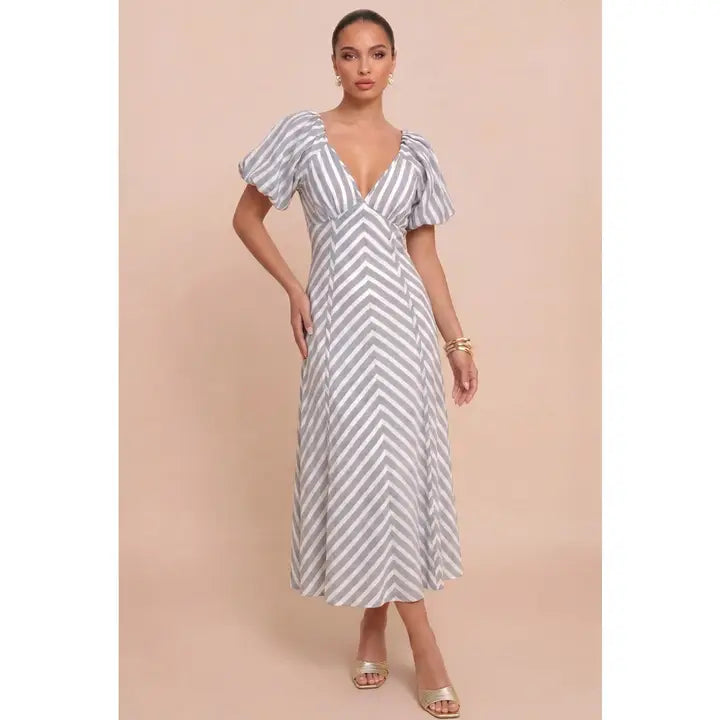grey stripe dress and White Chevron Puff Sleeve Midi Dress, L Color:Cabernet Vixey High-Waist Flowy Wide _okendo:syndication_key:CL135731059 Featuring a V