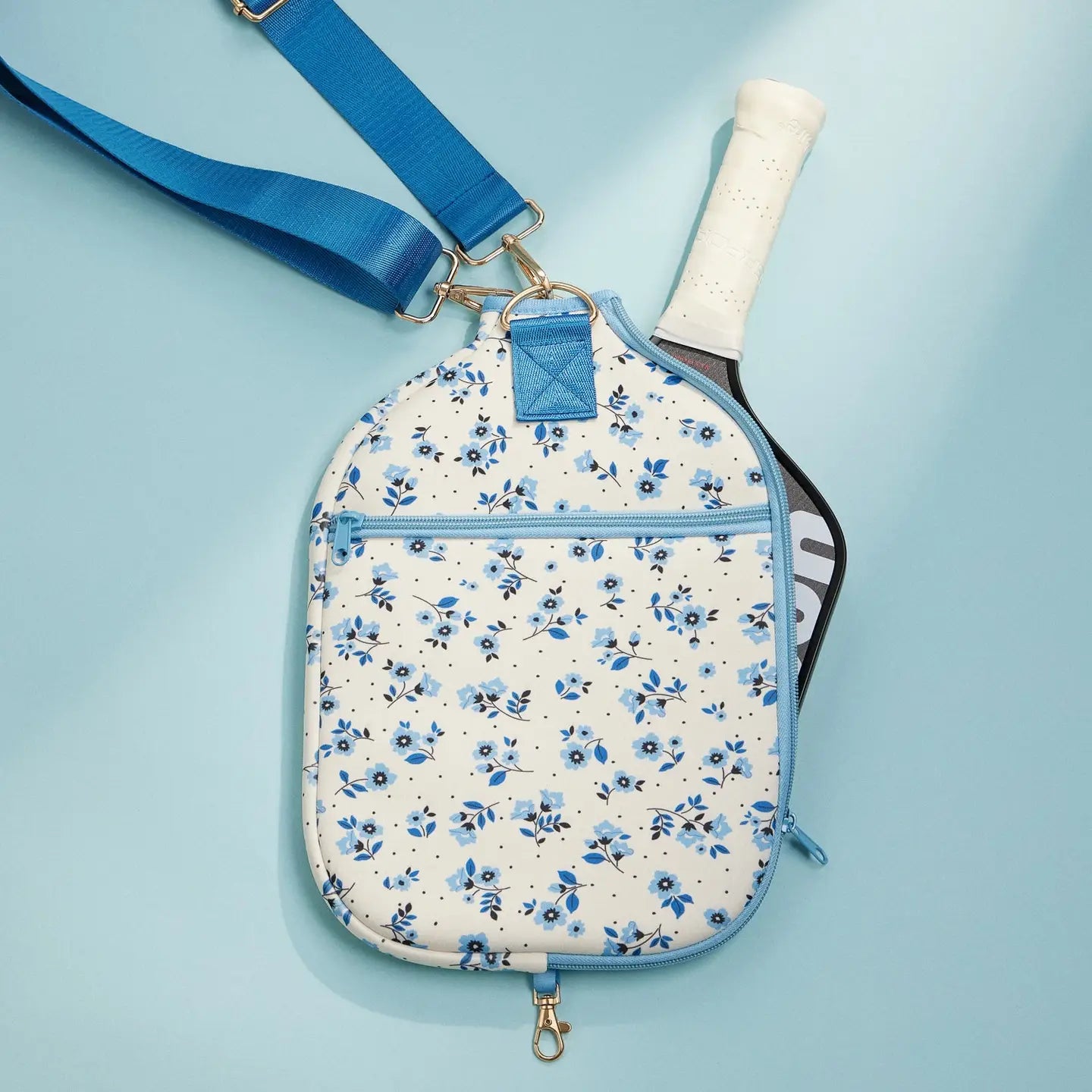 Blue Floral Tennis Racket Bag with Adjustable Strap