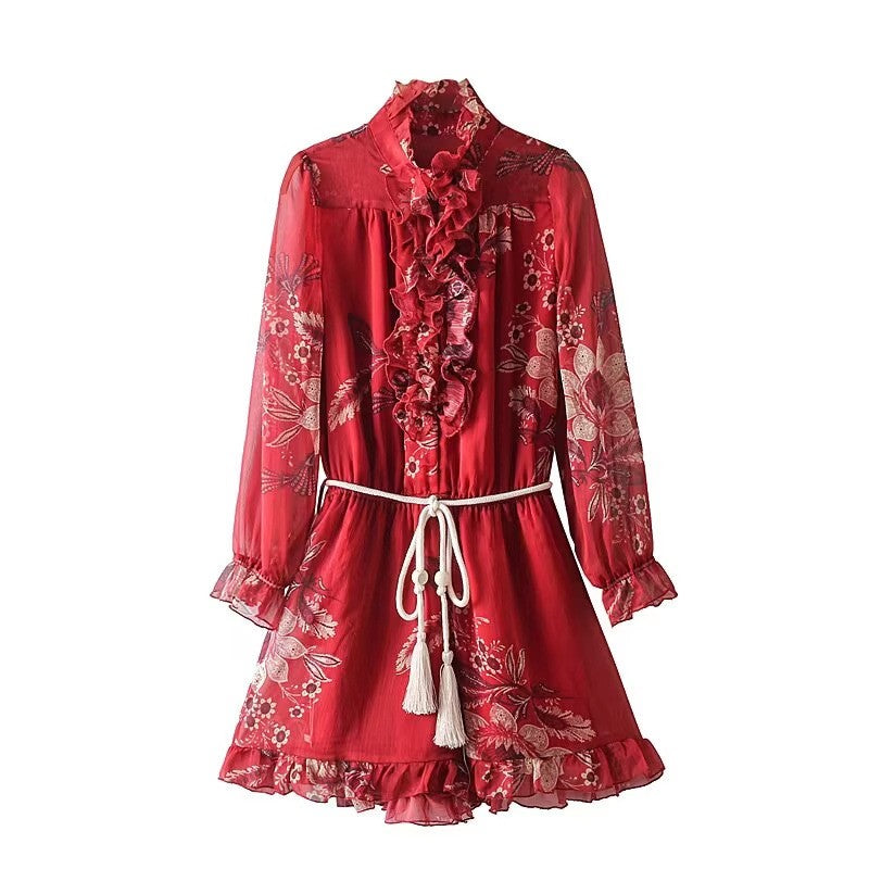 Floral Chiffon Ruffle Mini Dress with Tassel Belt Red S