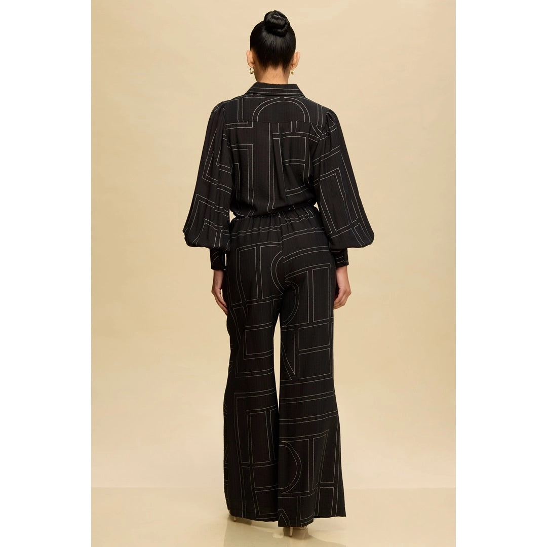 Black Geometric Print Button-Down Matching Set