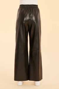 Vegan Leather Wide Leg Drawstring Pants Black