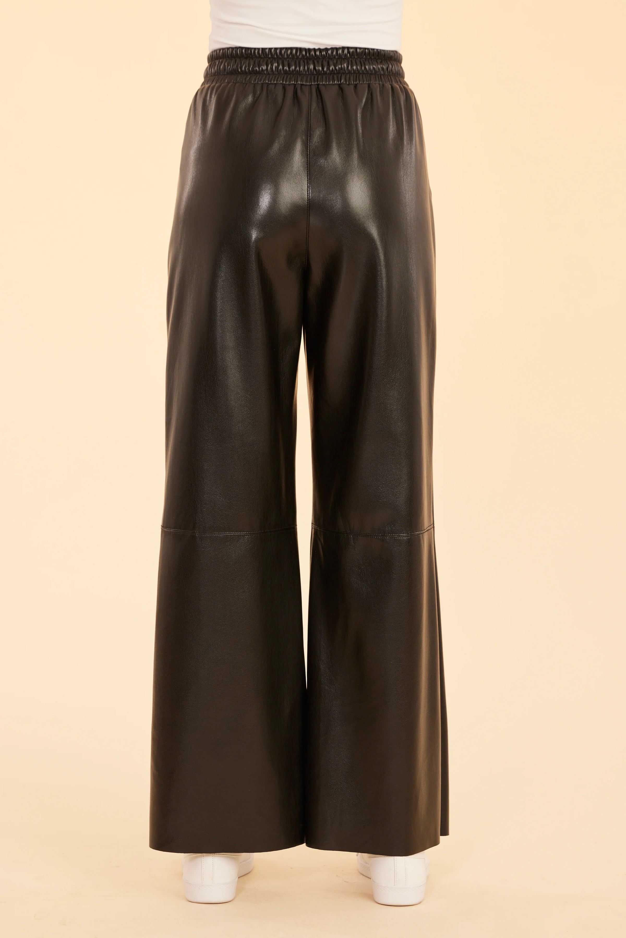 Vegan Leather Wide Leg Drawstring Pants Black
