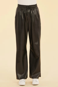 Vegan Leather Wide Leg Drawstring Pants Black
