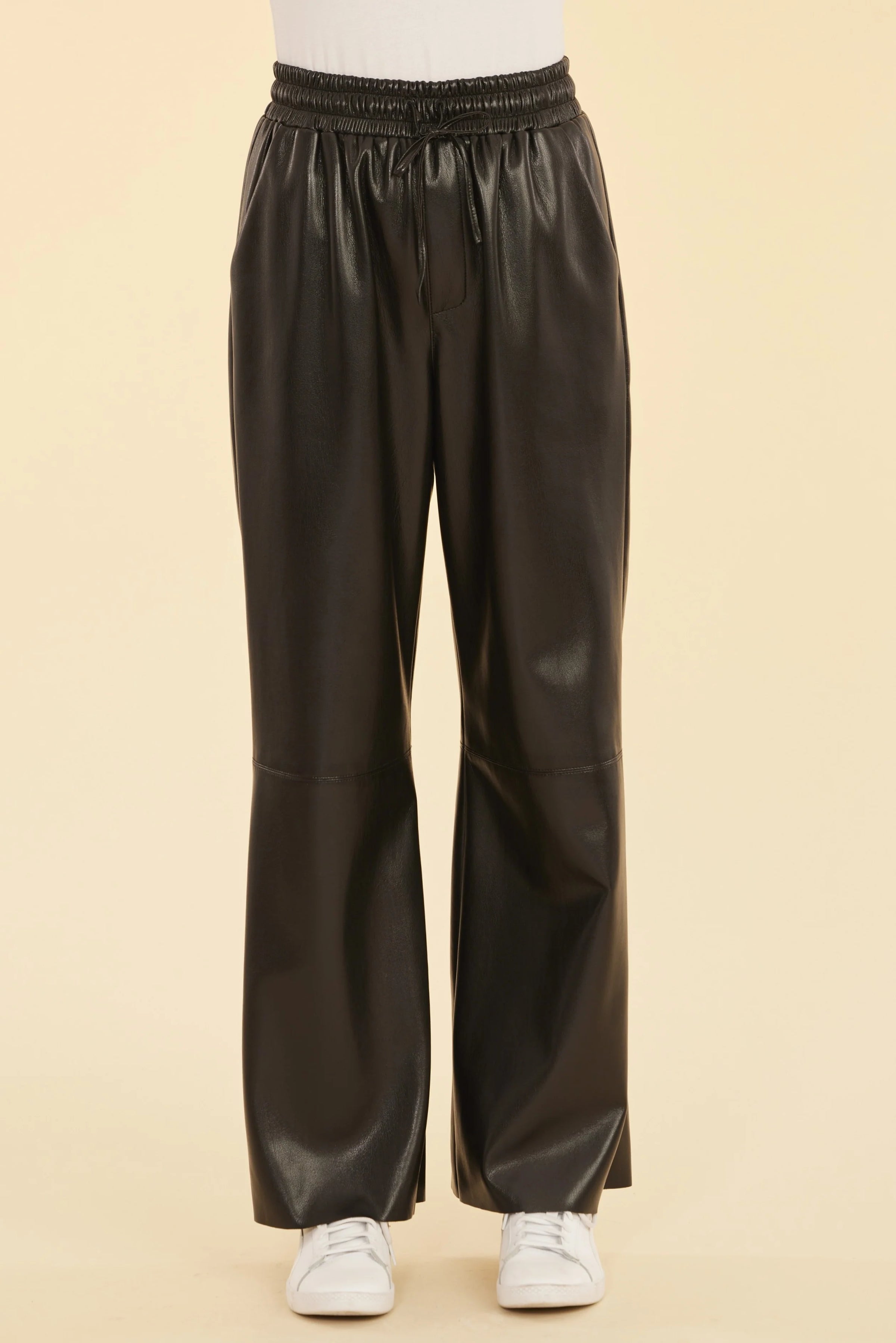 Vegan Leather Wide Leg Drawstring Pants Black