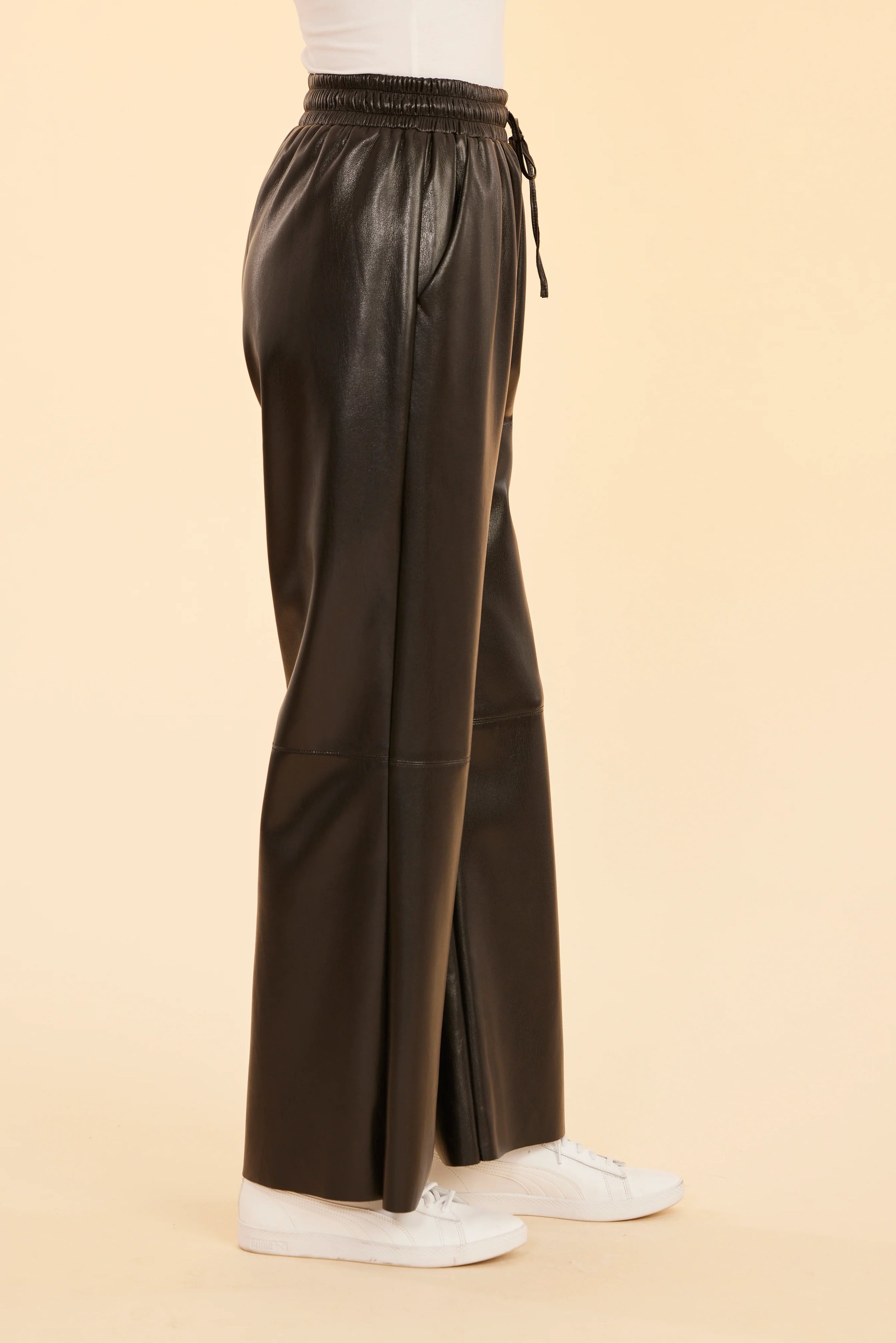 Vegan Leather Wide Leg Drawstring Pants Black